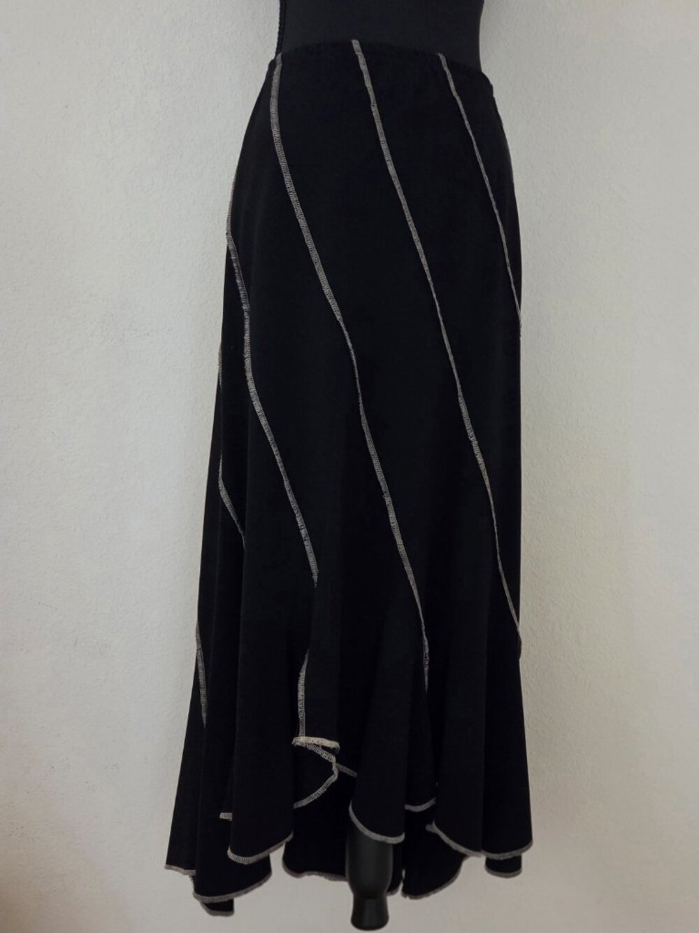 Vintage Reversable Black Bias Cut Asymmetrical Skirt with Bone Accent Stitching